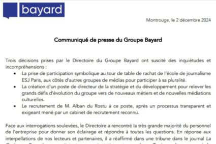 Grâce à la mobilisation de ses employés, le groupe Bayard renonce à recruter Alan de Rostu, l’ex bras droit de Stérin Alban du Rostu, et ne participera pas au rachat de l’ESJ Paris