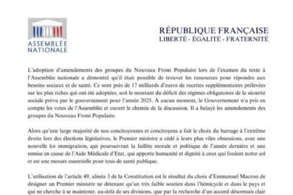 Les quatre groupes du NFP à l’Assemblée, présidés par Mathilde Panot, Boris Vallaud, Cyrielle Chatelain et Andre Chassaigne, ont déposé leur motion de censure,