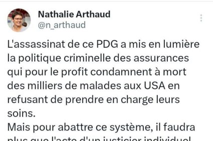 🇫🇷🇺🇸Nathalie Arthaud, la porte-parole de Lutte Ouvrière, dénonce la « politique criminelle » des assurances privées américaines, accusées d’engranger les profits en limitant au maximum les soins couverts, et apporte son soutien à Luigi Mangione