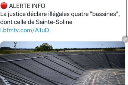 🇫🇷La justice déclare illégales quatre “bassines”, dont celle de Sainte-Soline.La justice a déclaré mercredi illégales les autorisations délivrées à quatre réserves d’irrigation du Poitou, dont celle contestée de Sainte-Soline, car elles menacent la survie d’une espèce d’oiseau protégée, l’outarde canepetière.