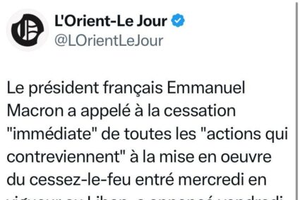 Le président français Emmanuel Macron a appelé à la cessation “immédiate” de toutes les “actions qui contreviennent” à la mise en œuvre du cessez-le-feu, entré mercredi en vigueur au Liban