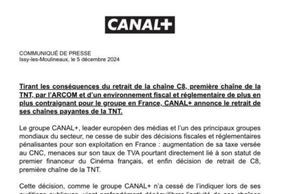 Le groupe Canal+ annonce le retrait de ses chaînes payantes de la TNT (Canal+, C+ Cinéma, C+ Sport, Planète+), notamment pour protester contre le retrait de la fréquence de C8.